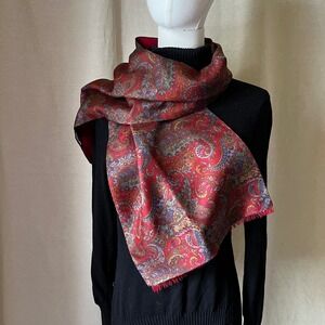 Smithsonian Italian Wool Silk Red Paisley Reversible Scarf‎ Wrap 90s